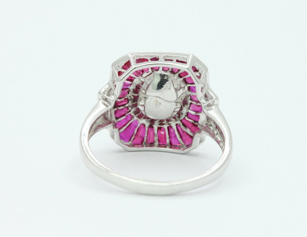 Beautiful Art Deco Style 18K White Gold Diamond Rubies Engagement Ring