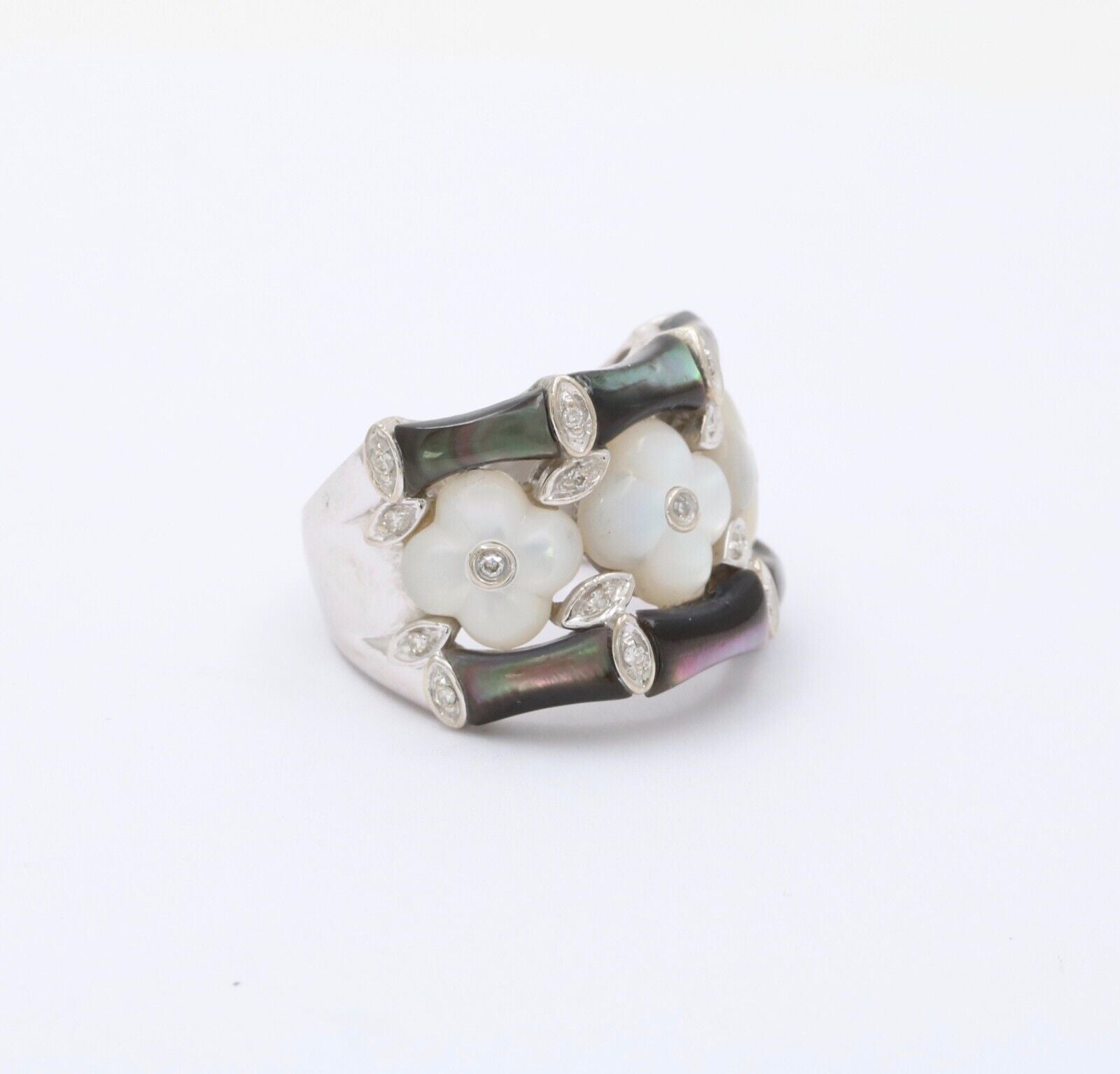 Vintage C&S Flower Moonstones Diamonds 14K White Gold Ring