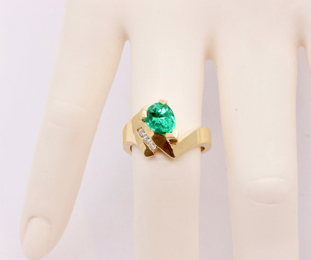 Vintage Modernist Emerald Diamonds 14K Yellow Gold Bypass Ring