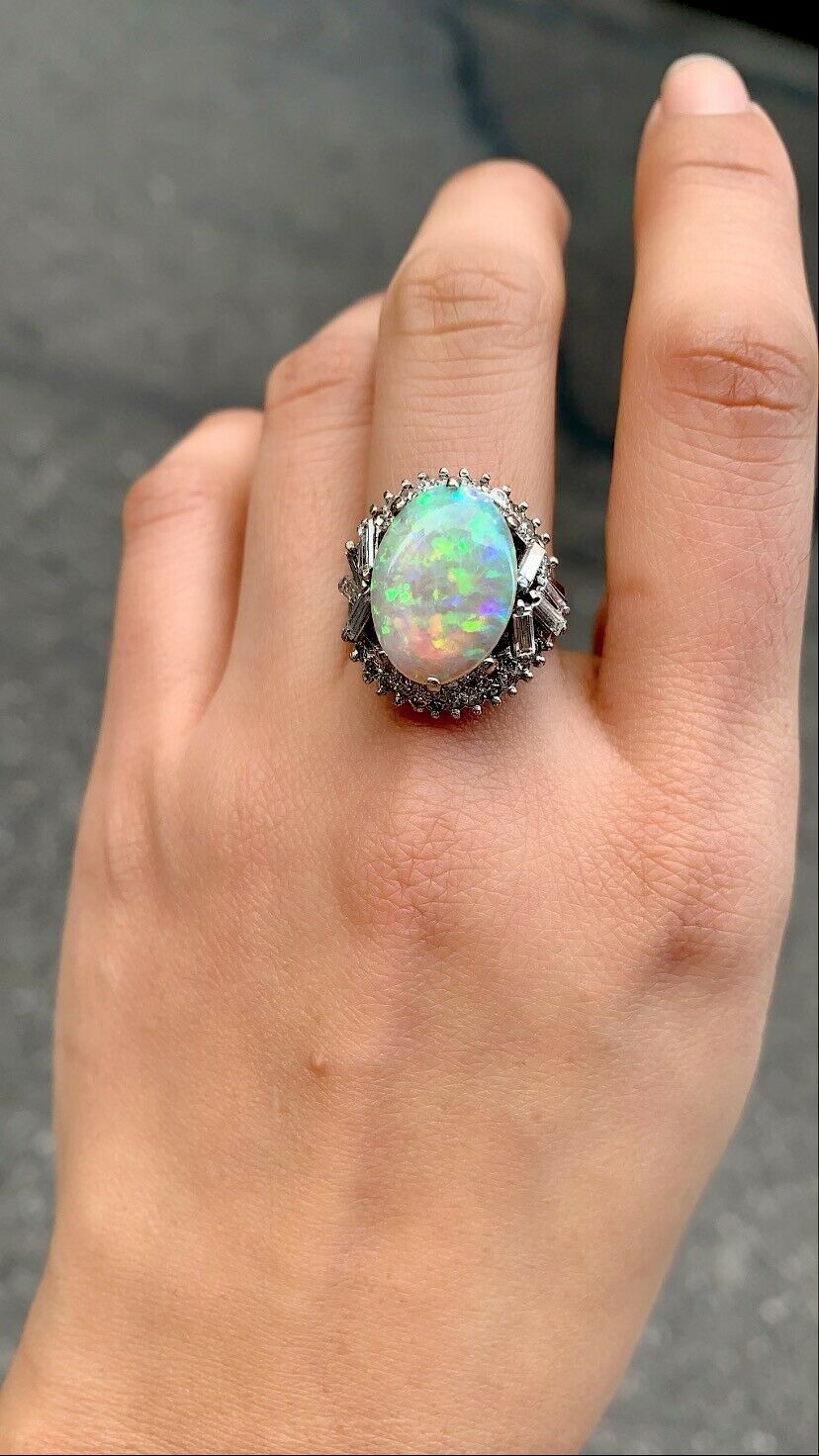 Vintage 1960's Australian Opal and Diamond 14K White Gold Statement Ring