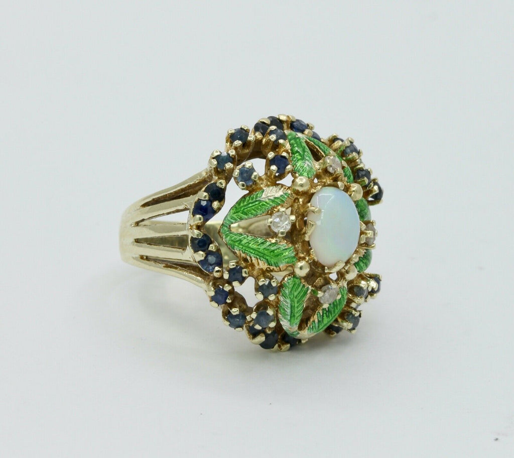 Vintage Cluster Ring 14K Yellow Gold Opal Sapphires Diamonds