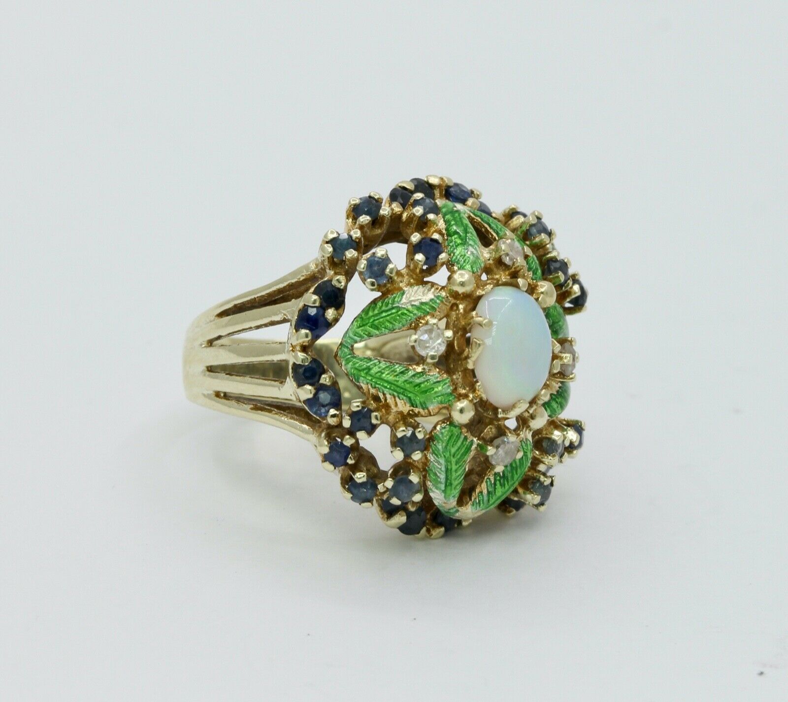 Vintage Cluster Ring 14K Yellow Gold Opal Sapphires Diamonds