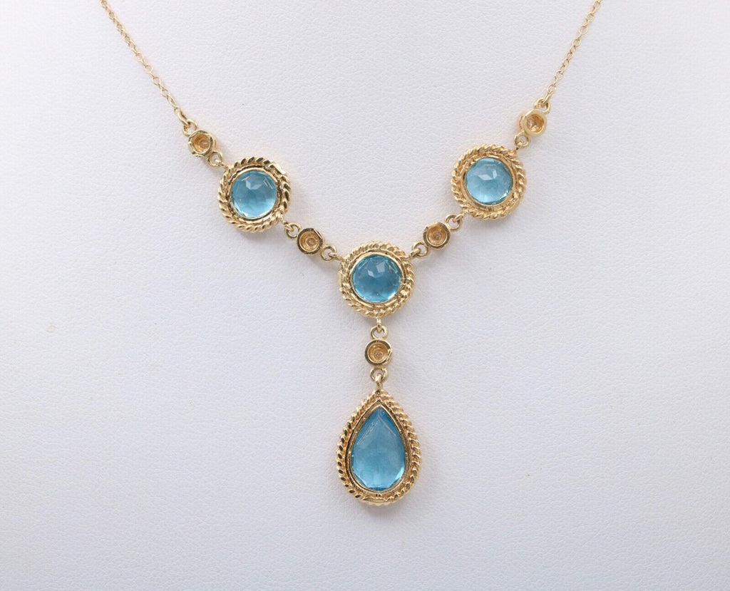 Vintage 14K Yellow Gold Teardrop Blue Zircon Festoon Necklace. Negligee Necklace
