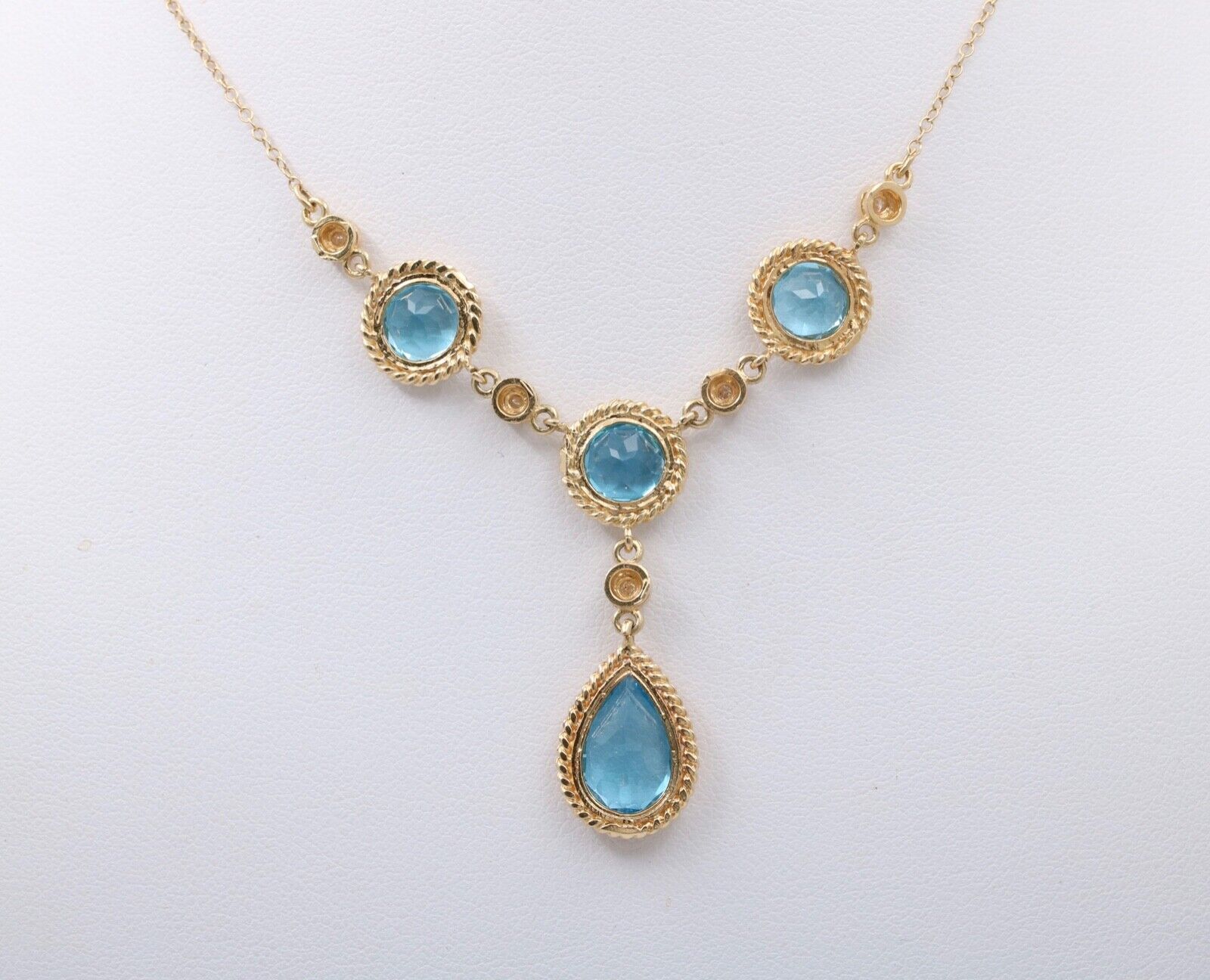 Vintage 14K Yellow Gold Teardrop Blue Zircon Festoon Necklace. Negligee Necklace