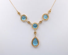 Load image into Gallery viewer, Vintage 14K Yellow Gold Teardrop Blue Zircon Festoon Necklace. Negligee Necklace
