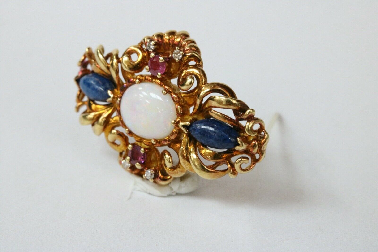 Vintage Victorian Style Opal Rubies Diamonds Sodalite 18K Yellow Gold Brooch Pin