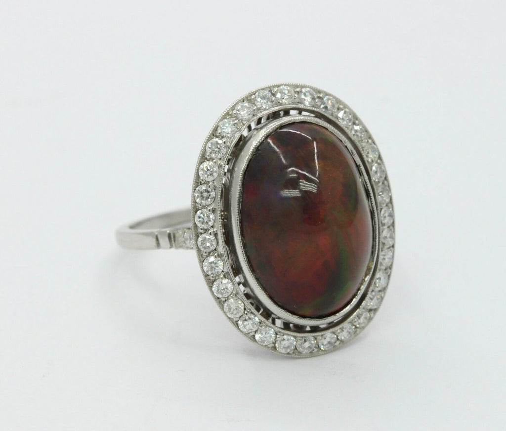 Vintage Platinum Black Australian Opal Diamond Cocktail Ring