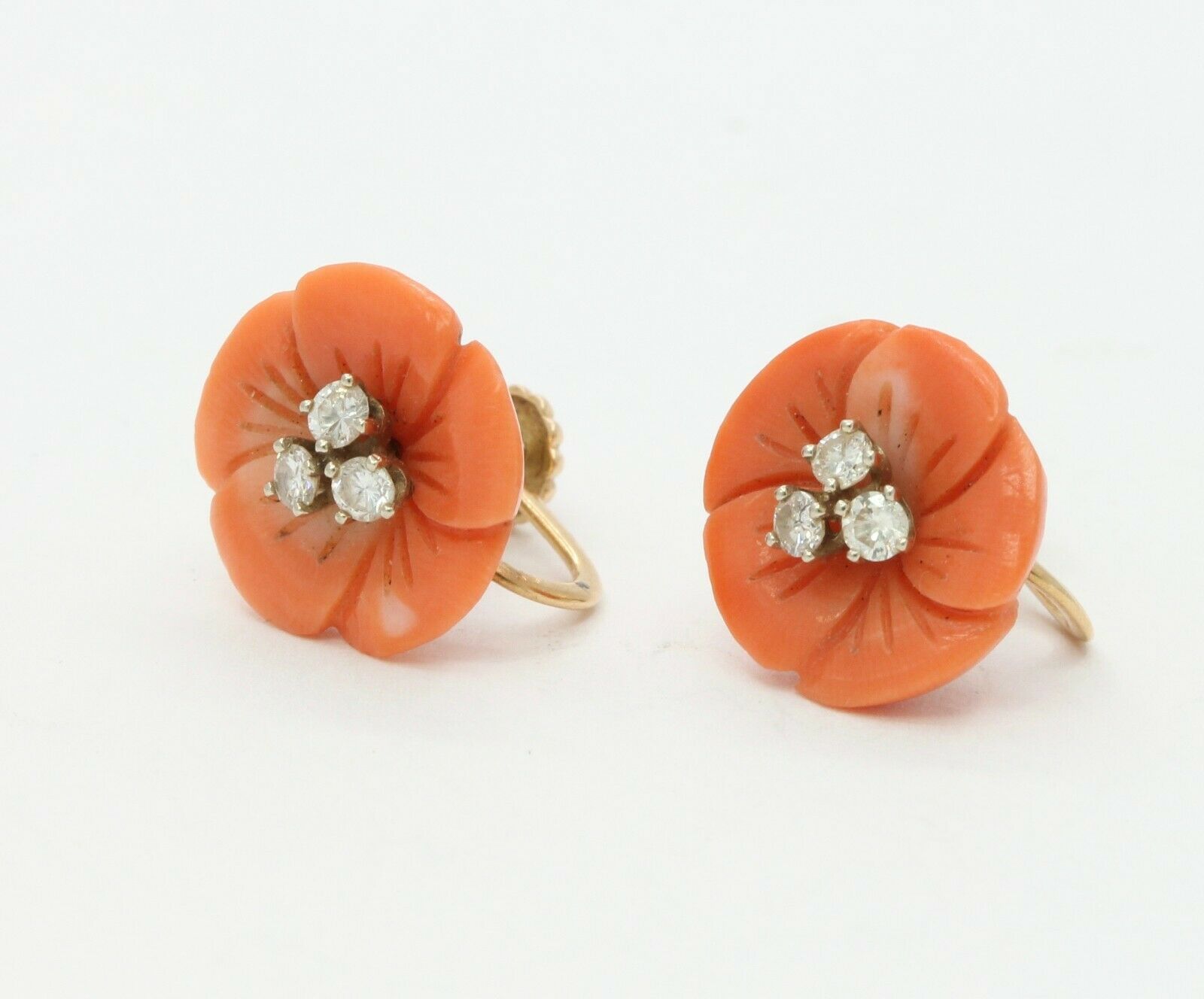 Vintage 14k Yellow Gold Diamond Coral Floral Non Pierced Earrings
