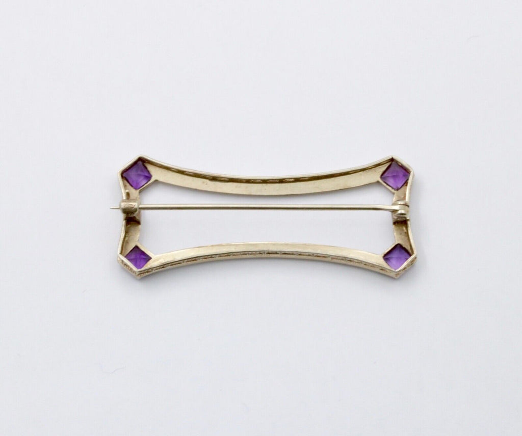 Antique Art Deco Amethyst & Split Pearl 14K White Gold Brooch, Pin