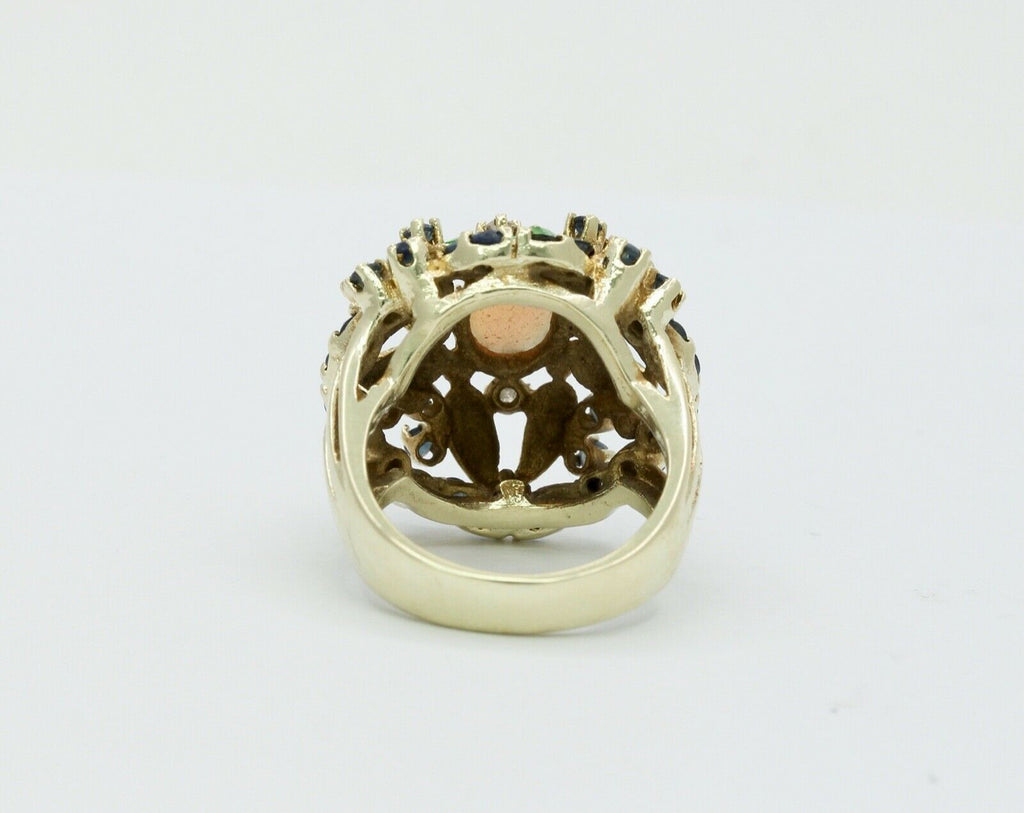 Vintage Cluster Ring 14K Yellow Gold Opal Sapphires Diamonds