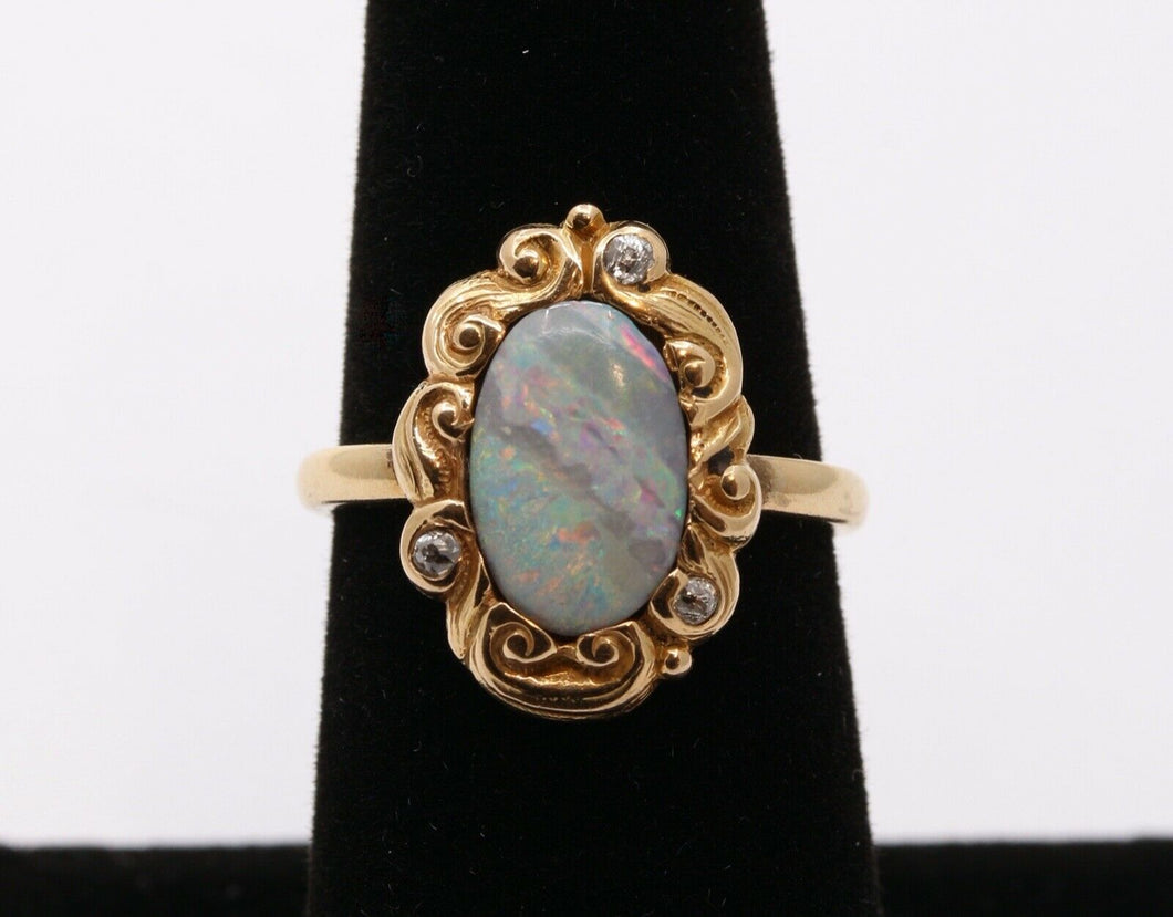 Victorian Opal Old Mine Diamonds 14K Yellow Gold Ring