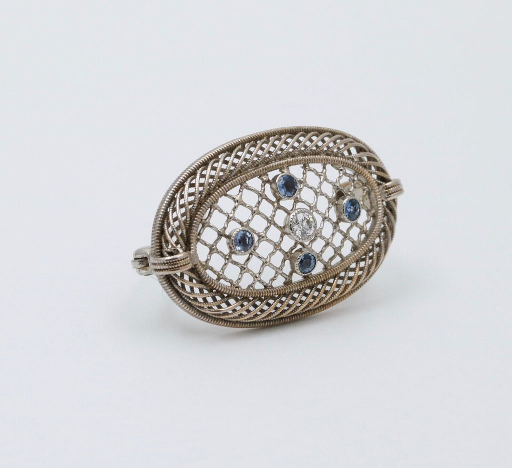 Antique Art Deco Filigree Diamond & Sapphire Brooch, Pin