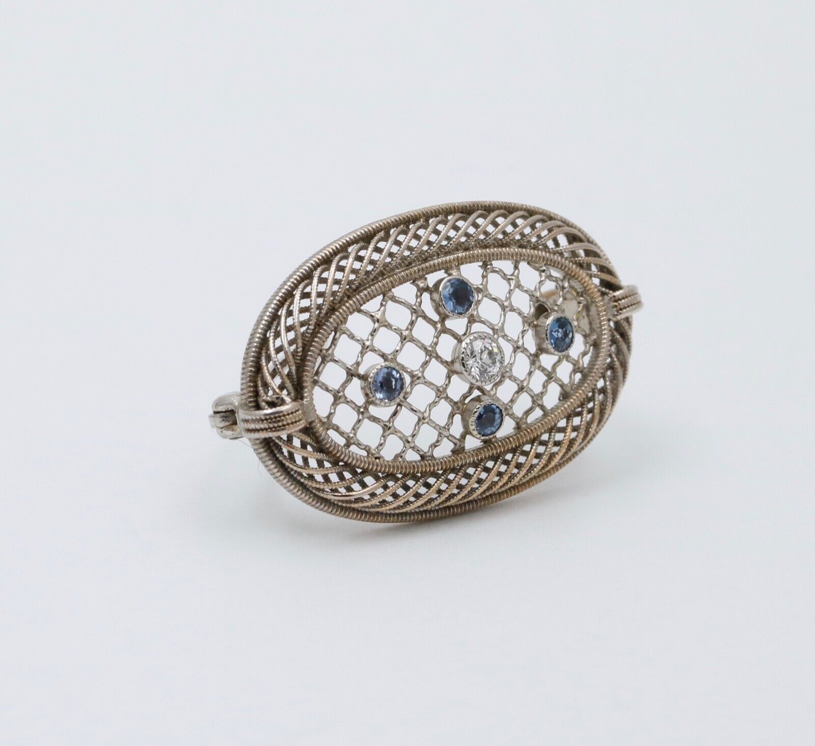 Antique Art Deco Filigree Diamond & Sapphire Brooch, Pin