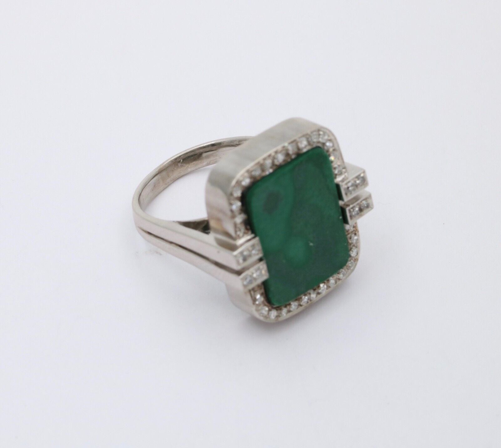 Vintage Aventurine and Diamond 14K White Gold Ring, Statement Ring 12.4 grams