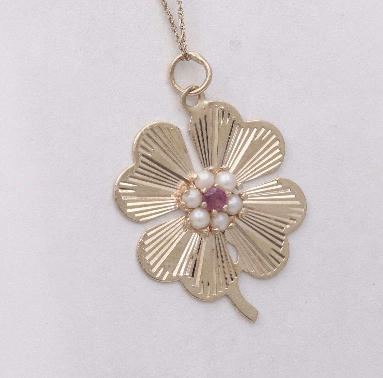 Vintage 14K Yellow Gold Four Leaf Clover Pearl & Ruby Charm Pendant