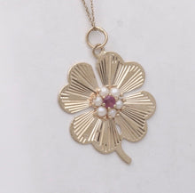 Load image into Gallery viewer, Vintage 14K Yellow Gold Four Leaf Clover Pearl &amp; Ruby Charm Pendant
