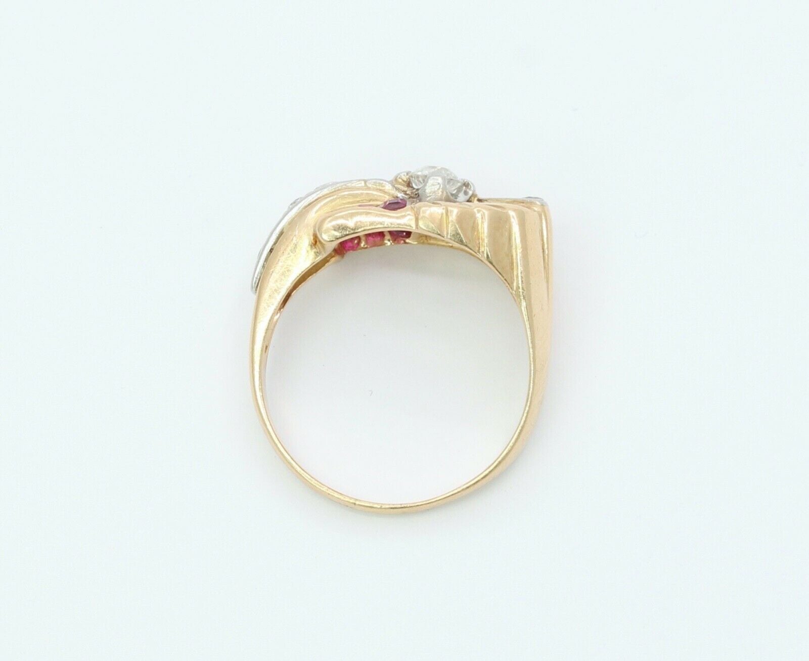 Vintage Indian Headdress Diamonds Rubies 14K Yellow Gold Platinum Ring