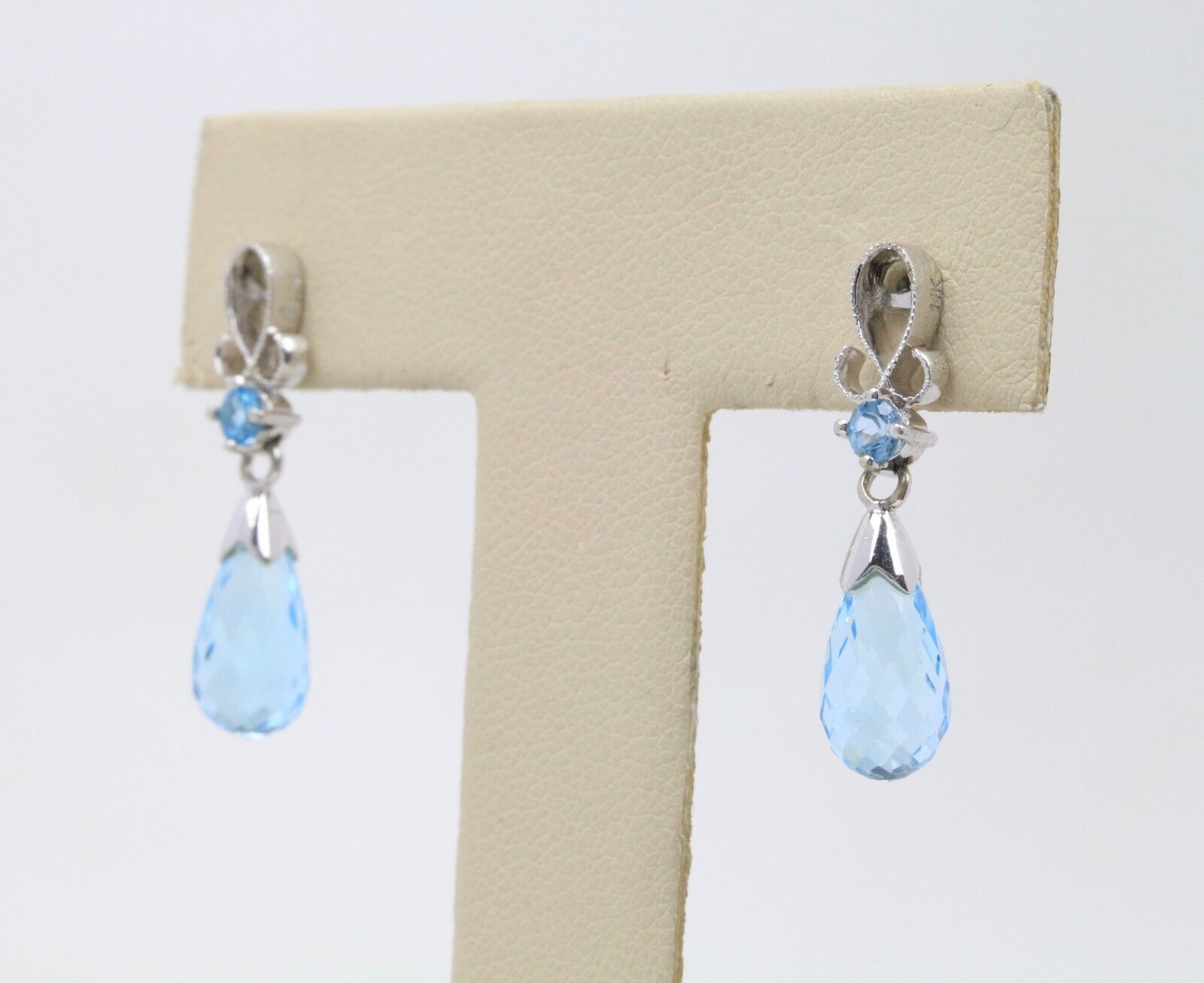 14K White Gold Briolette Blue Topaz  Earrings