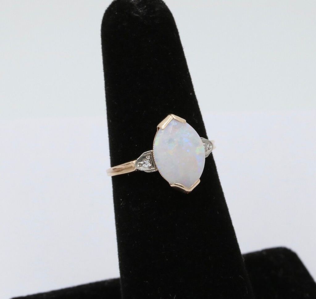 Art Deco 10K Yellow Gold Opal & Diamond Ring