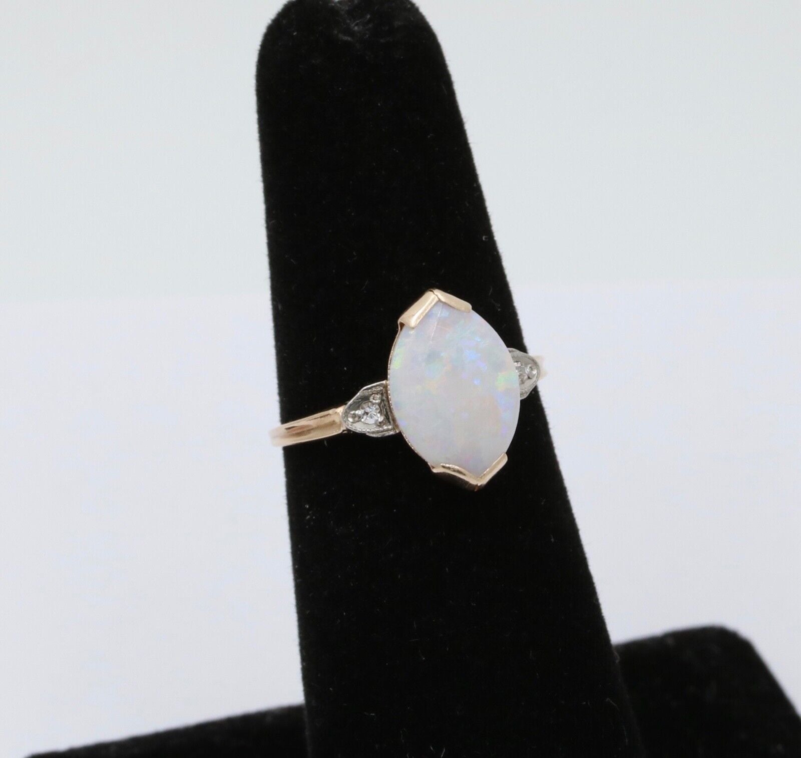 Art Deco 10K Yellow Gold Opal & Diamond Ring