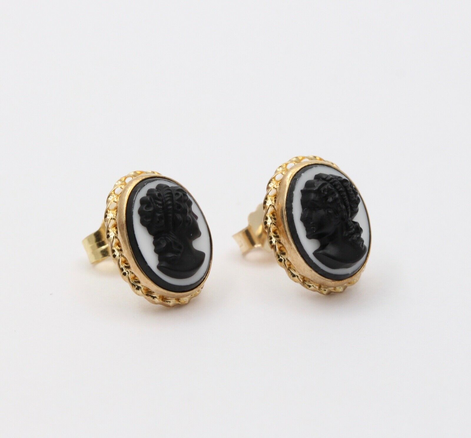 Vintage Victorian Revival Cameo 14K Yellow Gold Earrings