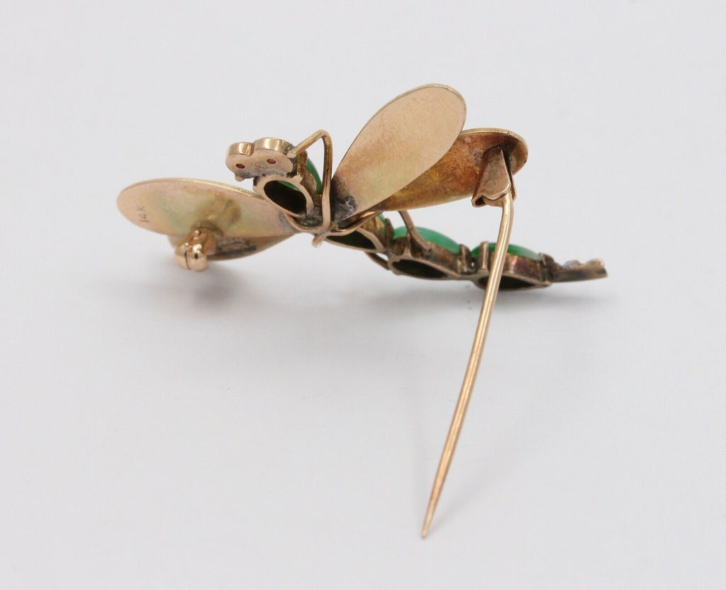 Vintage 14K Yellow Gold Jade Rubies Dragonfly Brooch Pin