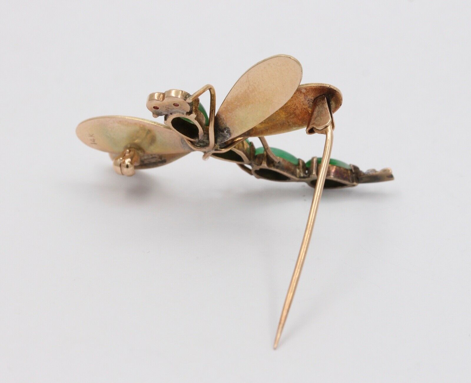 Vintage 14K Yellow Gold Jade Rubies Dragonfly Brooch Pin