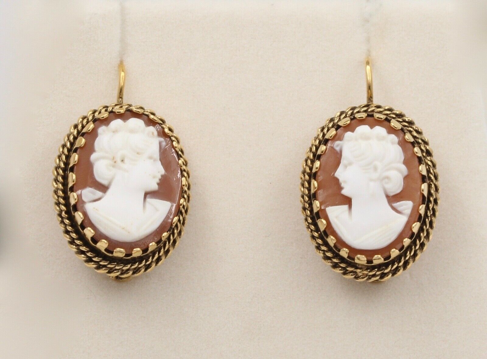 Victorian Revival Agate Cameo 14K Yellow Gold Earrings