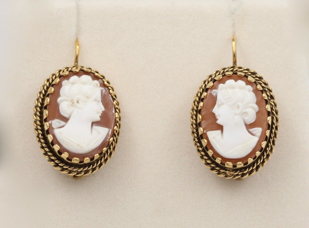 Victorian Revival Agate Cameo 14K Yellow Gold Earrings