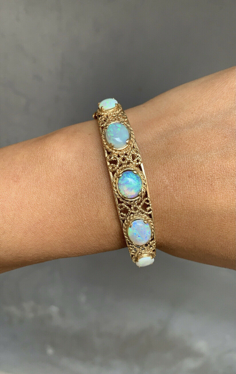 Vintage 14K Gold Rope Knot 5 Opal Bangle, Bracelet.