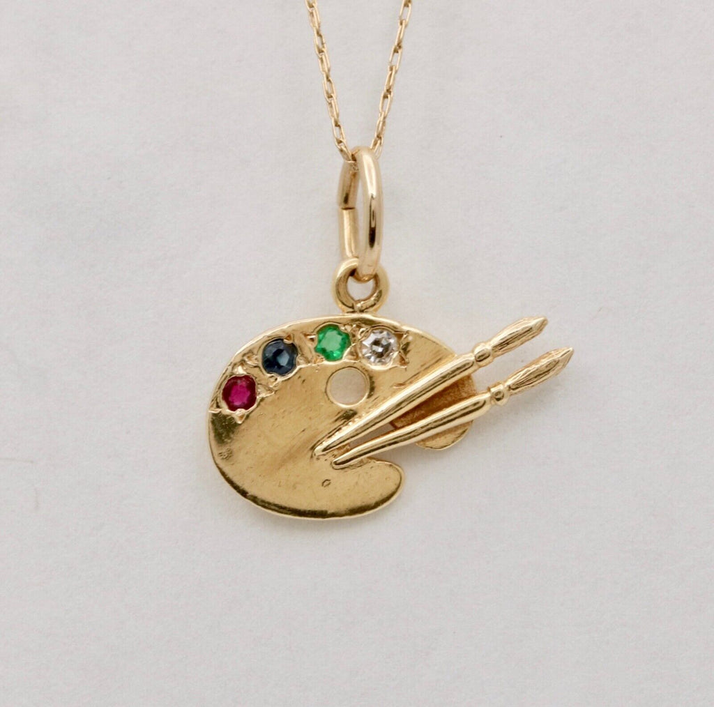 Vintage Painter's Palette Multistone 14K Yellow Gold Pendant Charm