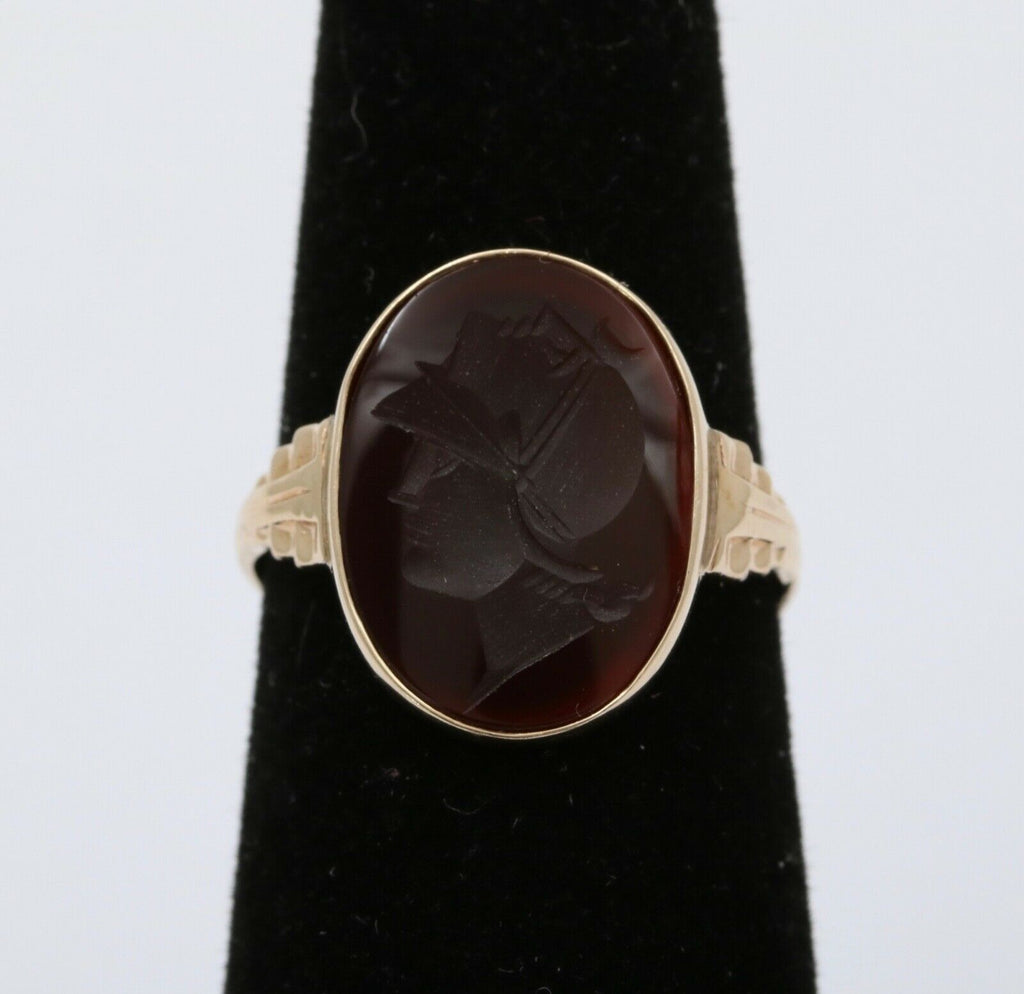 Art Deco Intaglio Carved Carnelian 14K Yellow Gold Signet Ring