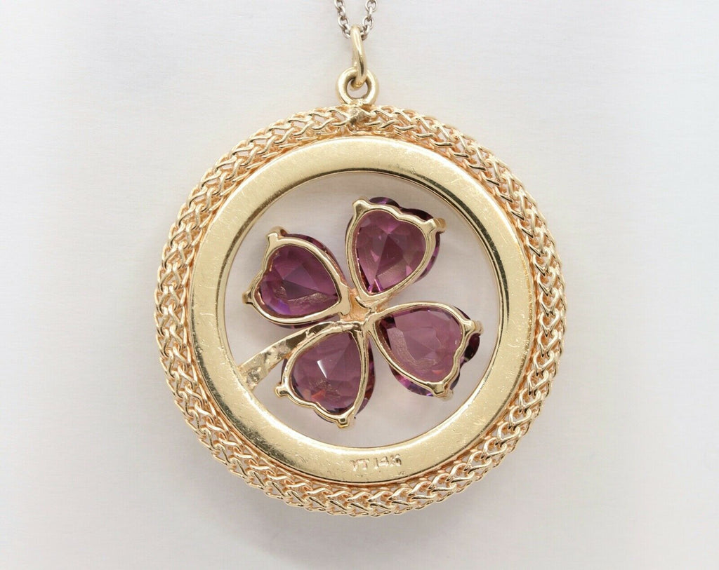 Beautiful Four Leaf Clover Heart Cut Amethysts 14K Yellow Gold Pendant