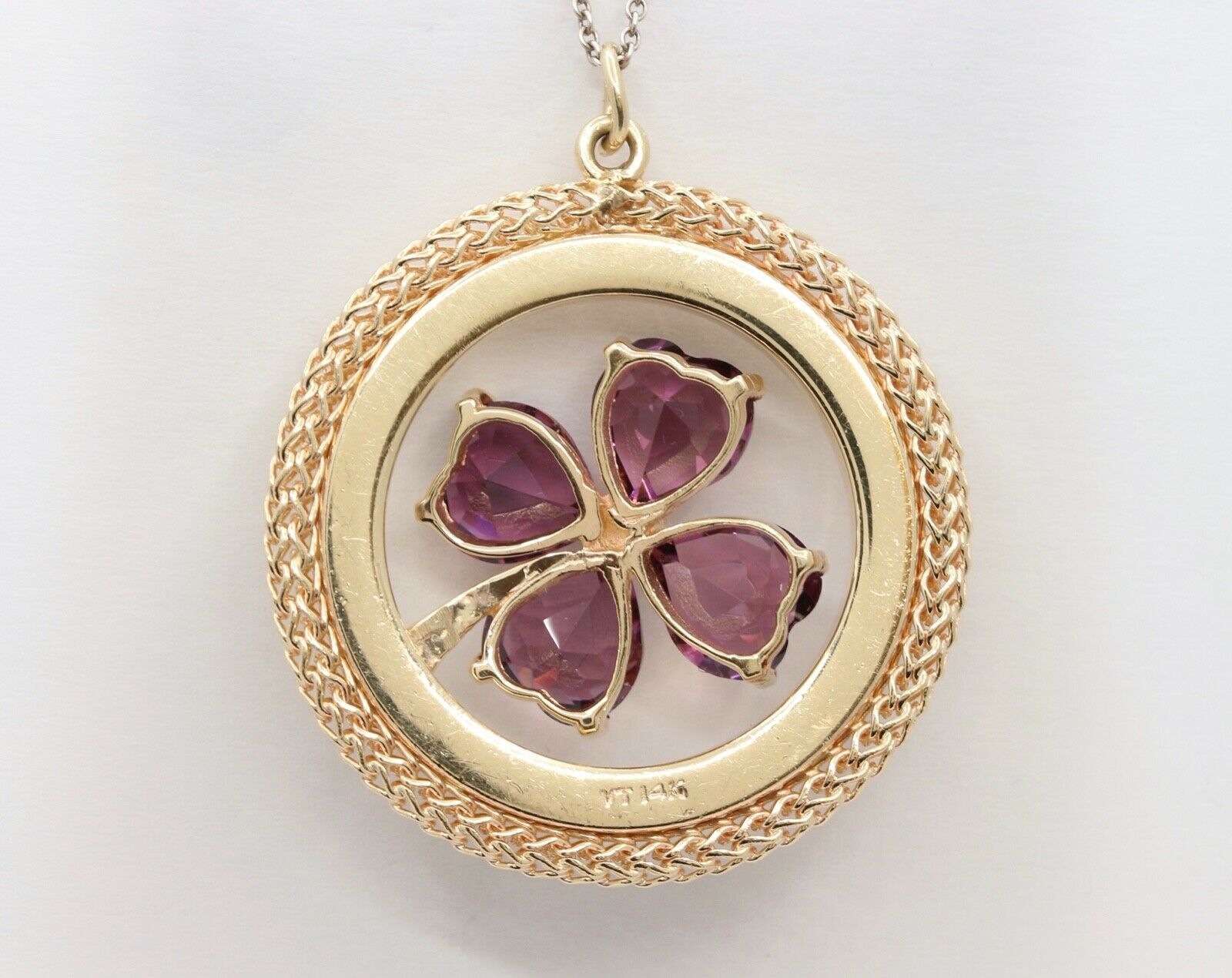 Beautiful Four Leaf Clover Heart Cut Amethysts 14K Yellow Gold Pendant