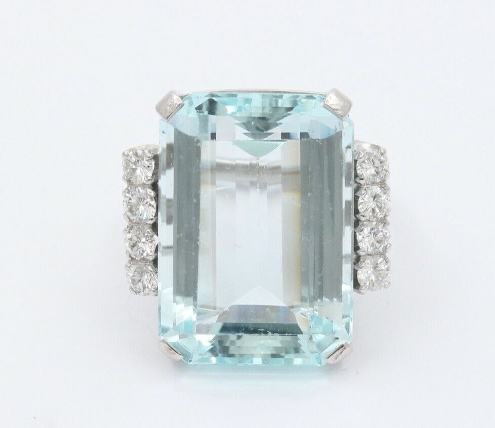 Huge Vintage 14K White Gold 26 Carat Aquamarine Diamond Statement Ring