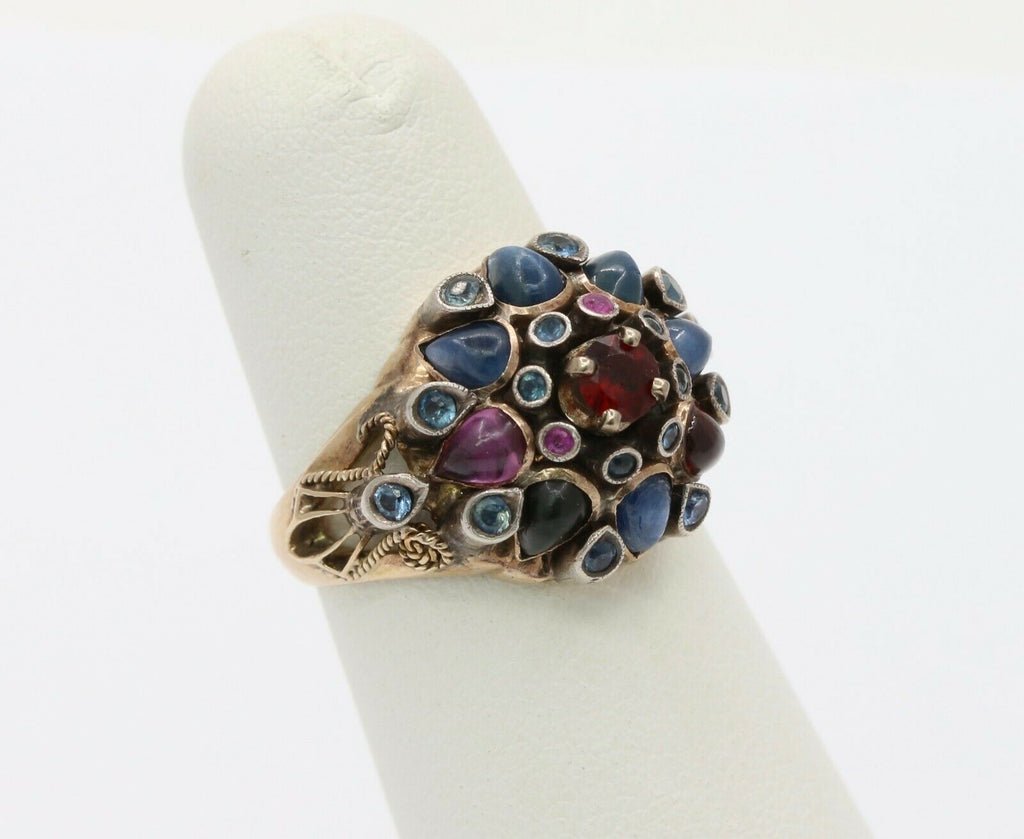 Vintage 18K Gold Sapphire, Garnet, and Ruby Cluster Ring