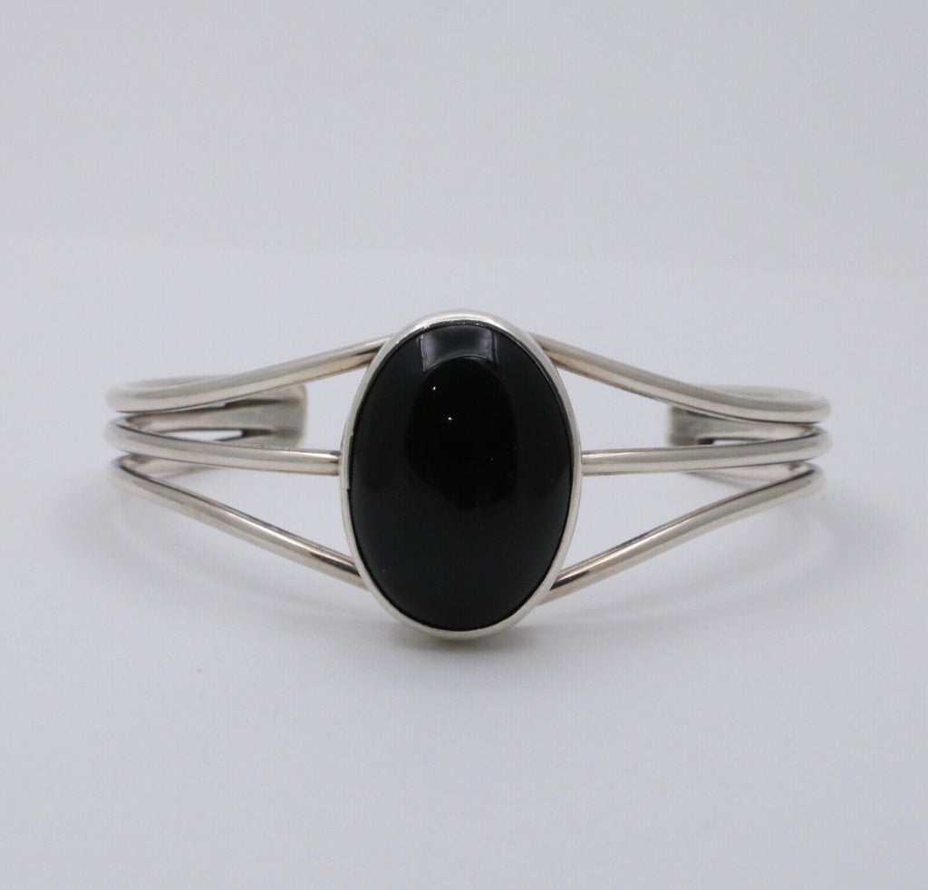 Vintage Onyx 925 Sterling Silver Bangle Cuff Bracelet