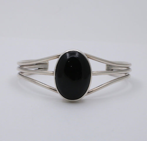 Vintage Onyx 925 Sterling Silver Bangle Cuff Bracelet