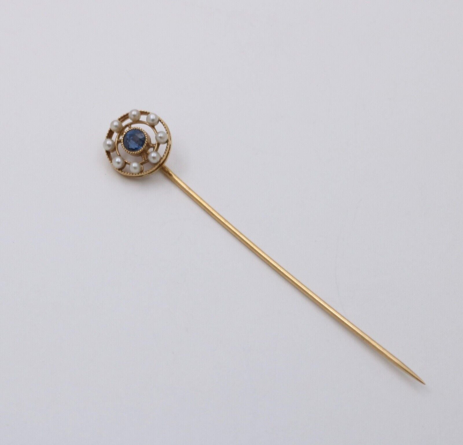 Antique Art Deco Sapphire and Pearl 14K Yellow Gold Stick Pin