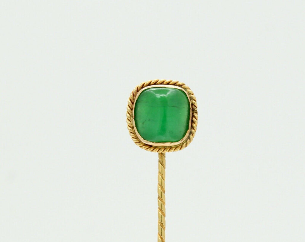 Vintage 18K Yellow Gold Rope Filagree Natural Jade Stick Pin