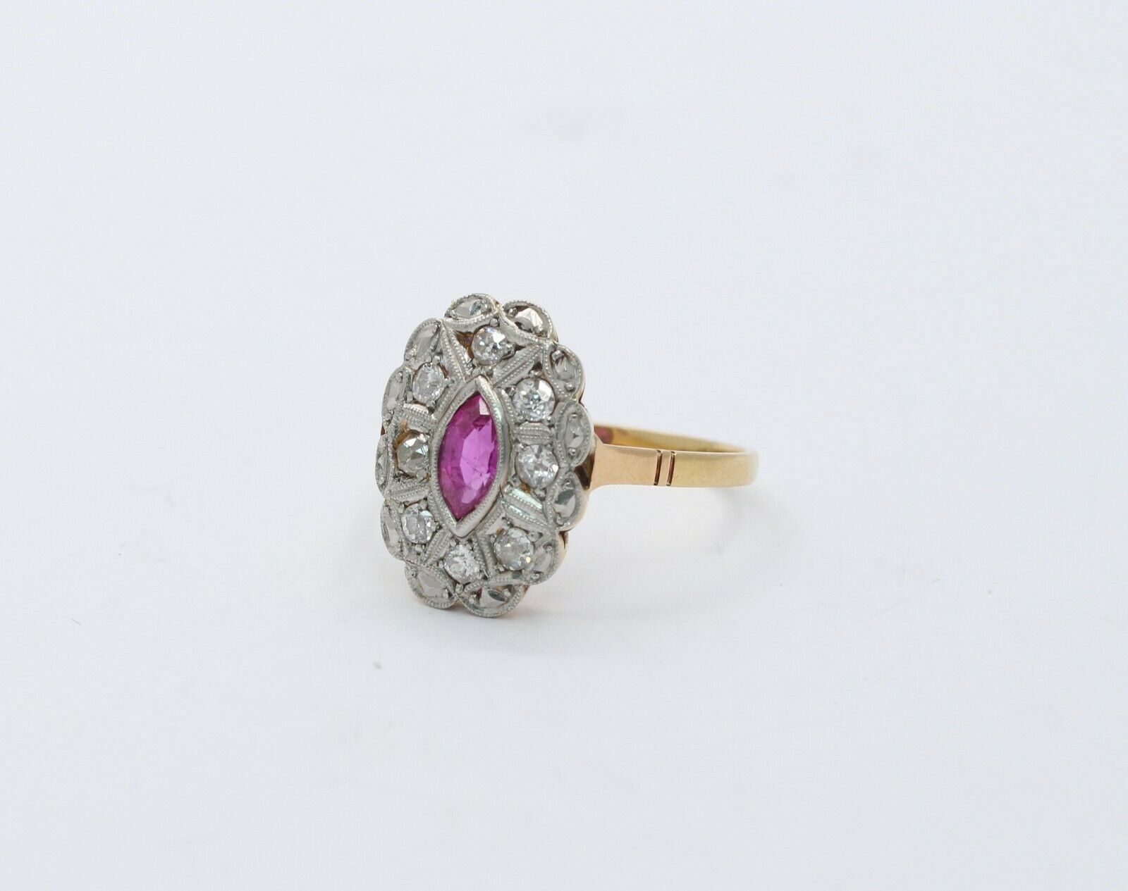 Victorian 18K Yellow Gold and Platinum Diamond Pink Sapphire Ring