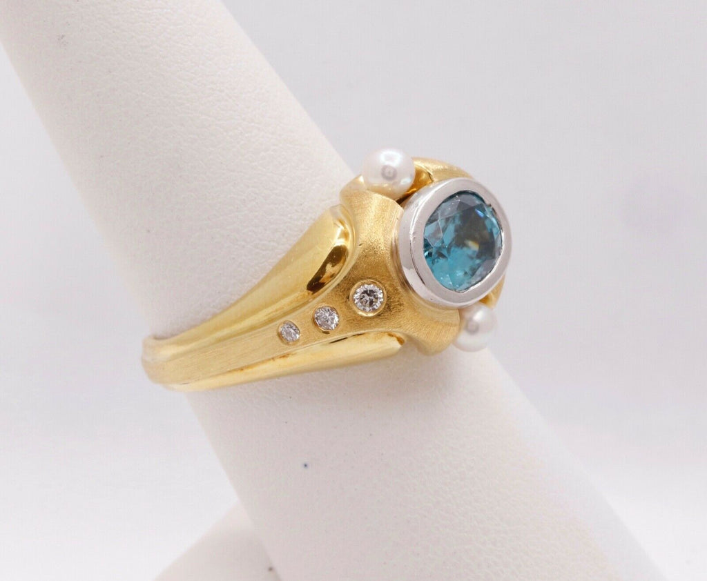 Unisex Mens Ladies Blue Zircon Diamonds Pearls Platinum 18K Yellow Gold Ring