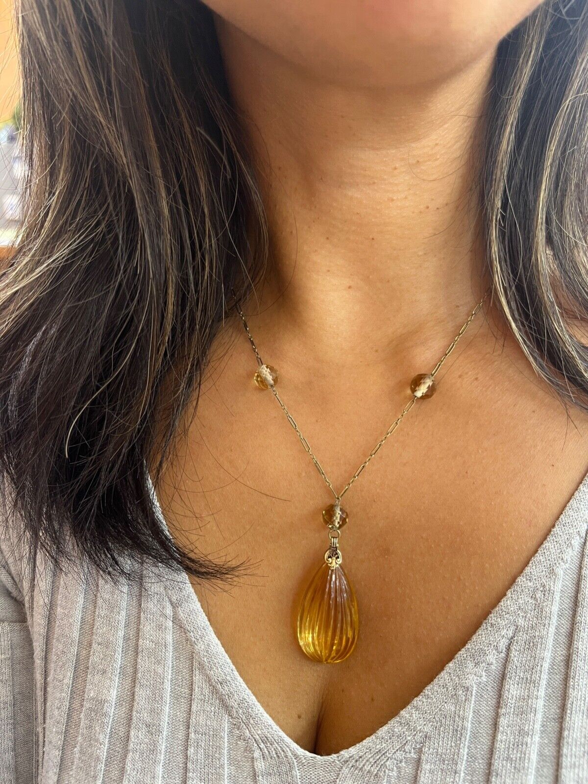 Vintage 14K Yellow Gold Carved Citrine Pendant and Necklace