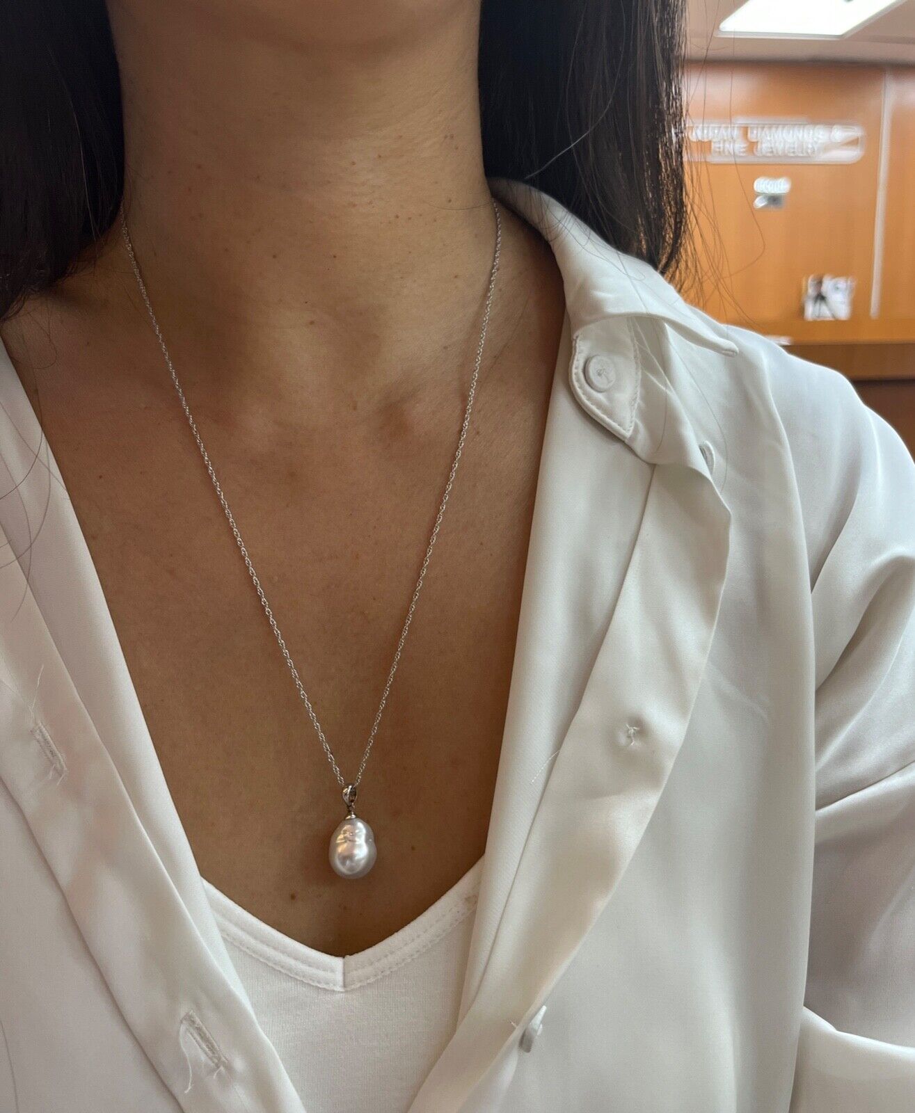 Vintage 14K White Gold Baroque Pearl Pendant, Necklace