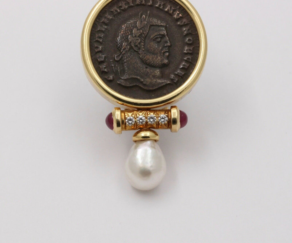 Roman Coin Rubies Diamond Pearl 18K Yellow Gold Brooch Pin