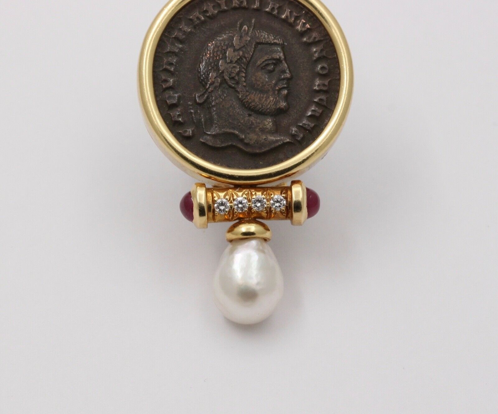 Roman Coin Rubies Diamond Pearl 18K Yellow Gold Brooch Pin