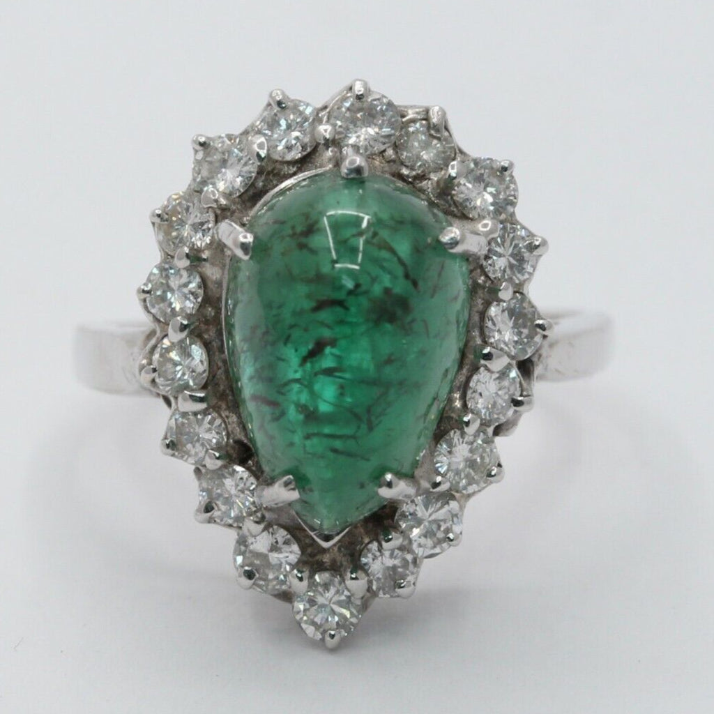 14K White Gold Cabochon Emerald Diamond Engagement Ring Alternative
