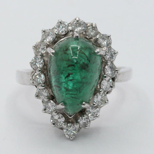 14K White Gold Cabochon Emerald Diamond Engagement Ring Alternative