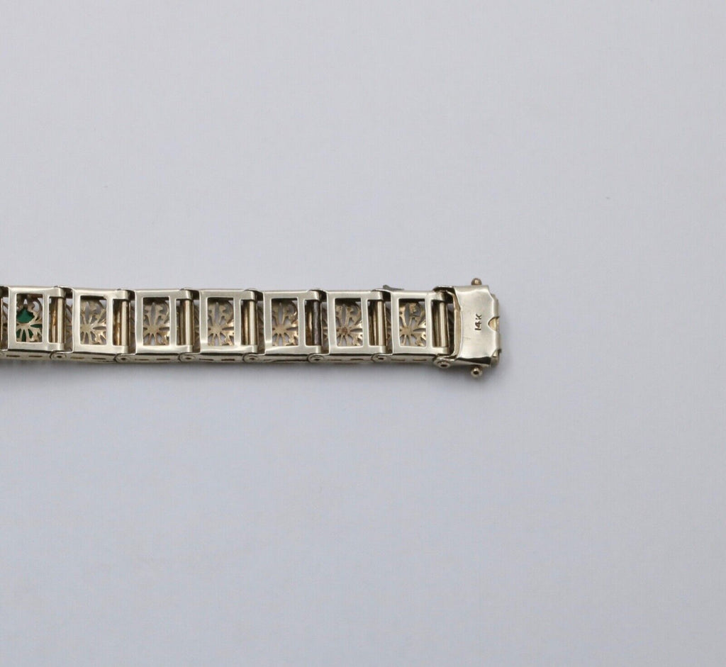 Art Deco Flower Filagree Diamonds Emeralds 14K White Gold Bracelet