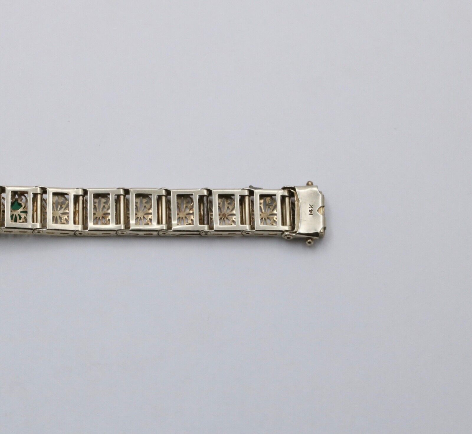 Art Deco Flower Filagree Diamonds Emeralds 14K White Gold Bracelet